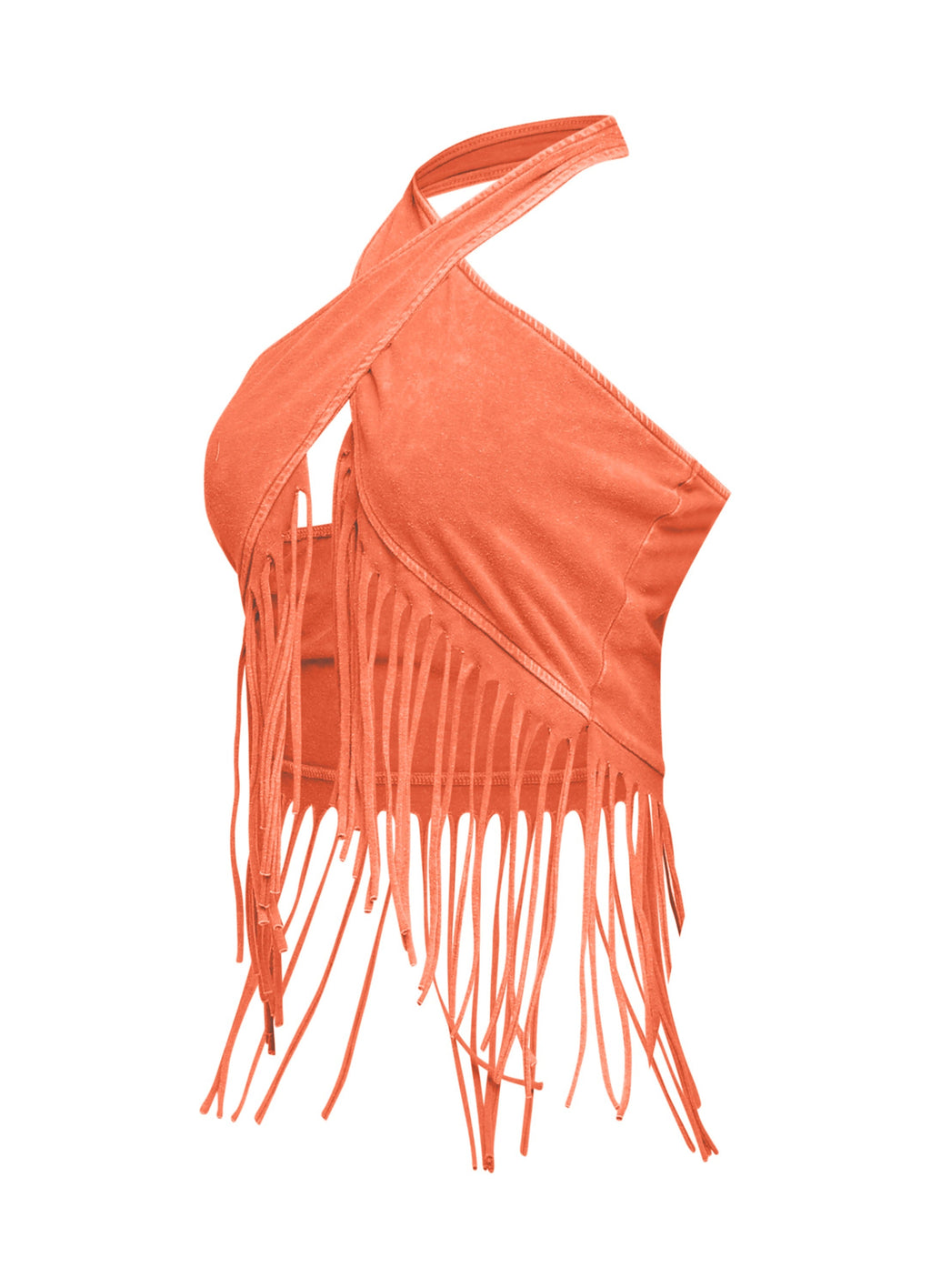 Orange fringe halter crop top, close-up view on model