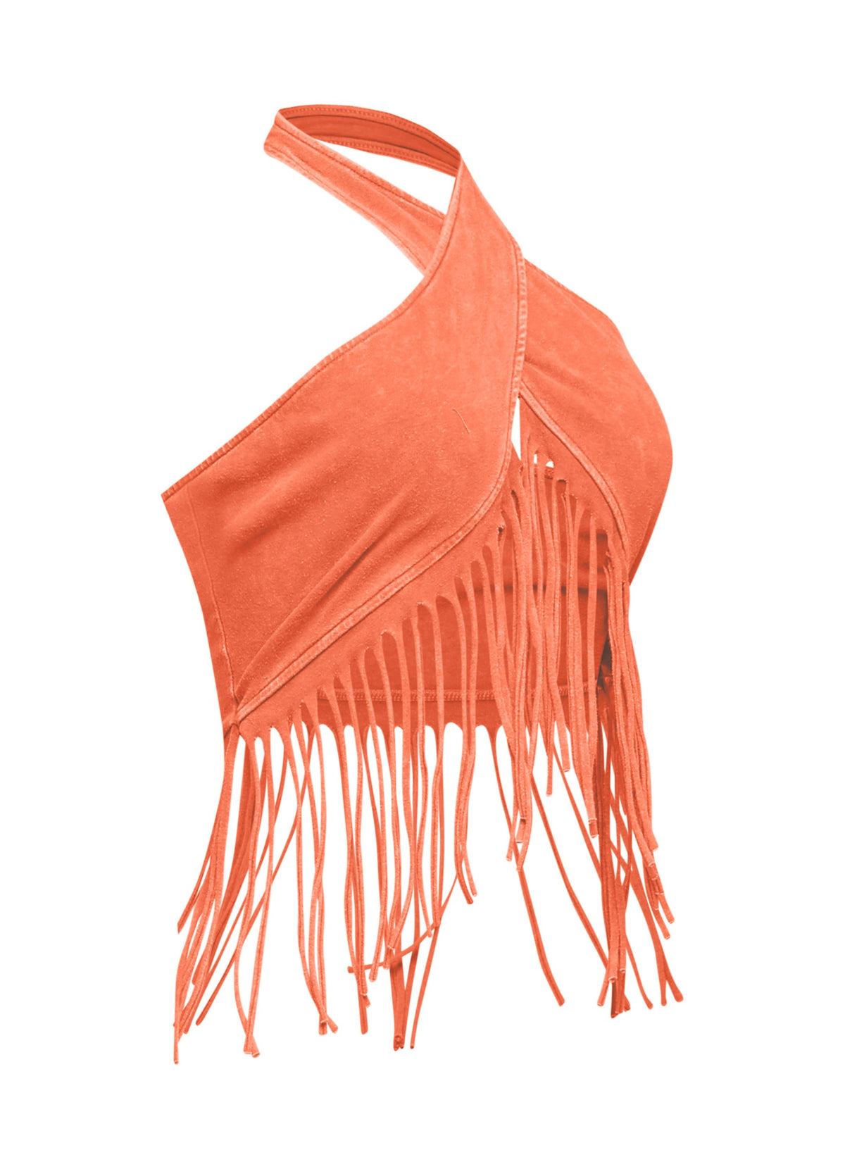 Orange fringe halter crop top, alternate front view on model