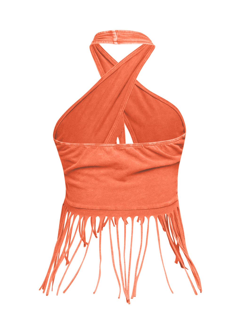 Orange fringe halter crop top, front view on model