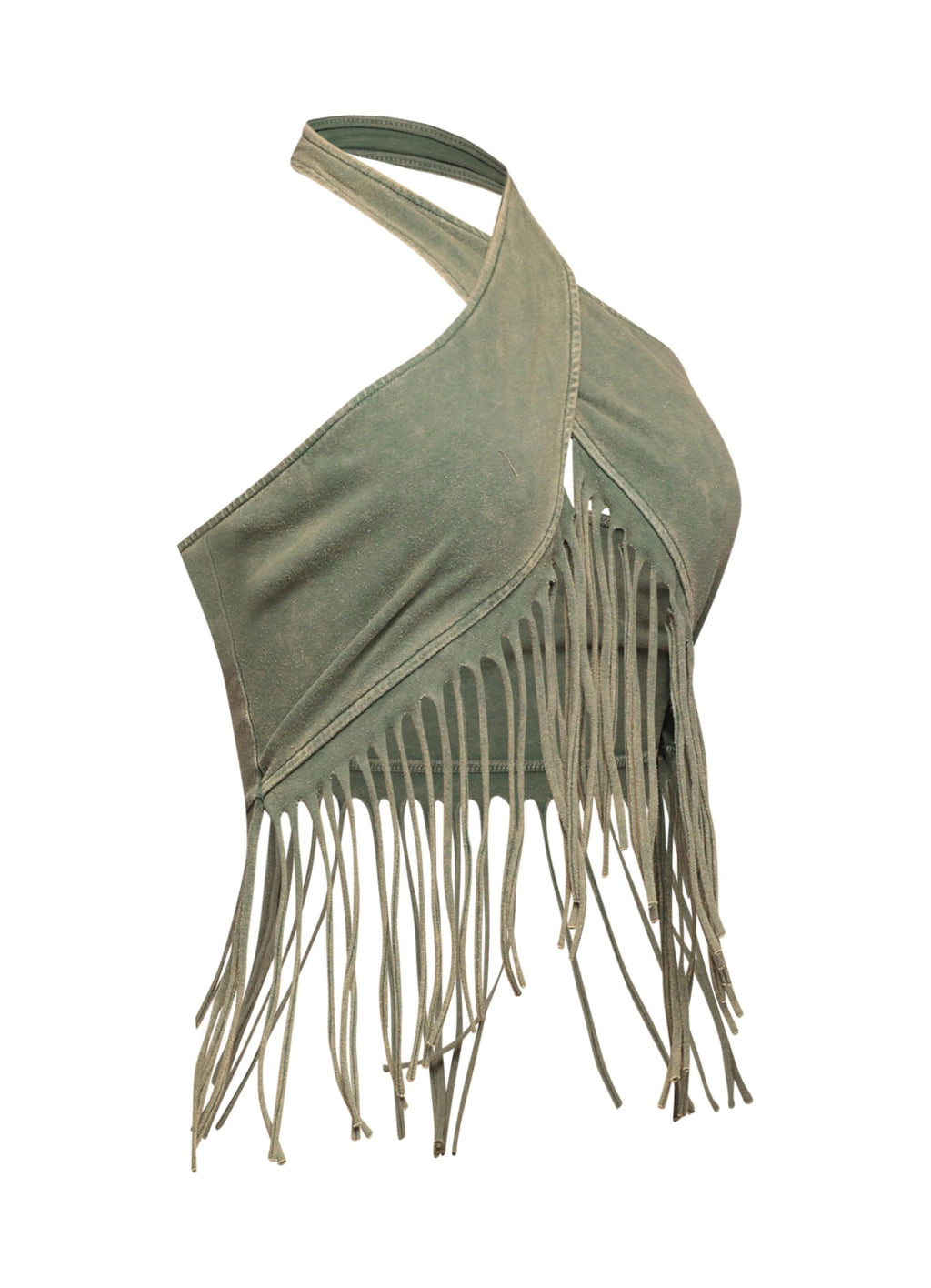 Olive fringe halter crop top, full-length view on model