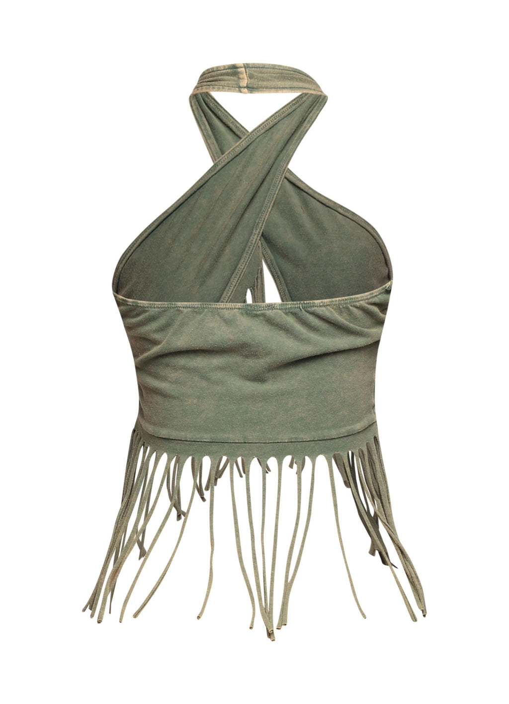 Olive fringe halter crop top, close-up view on model