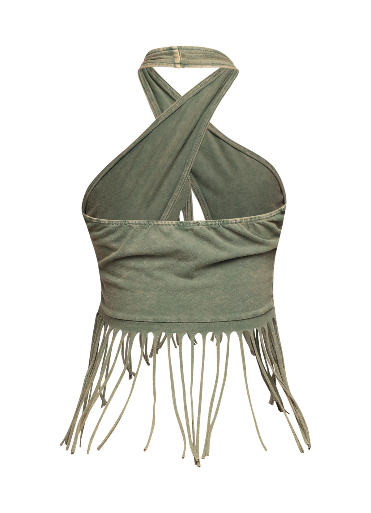 Olive fringe halter crop top, close-up view on model