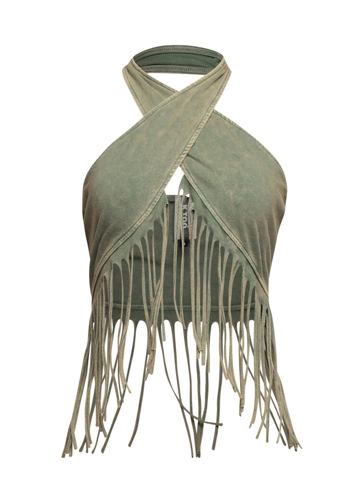Olive fringe halter crop top, detail view on model