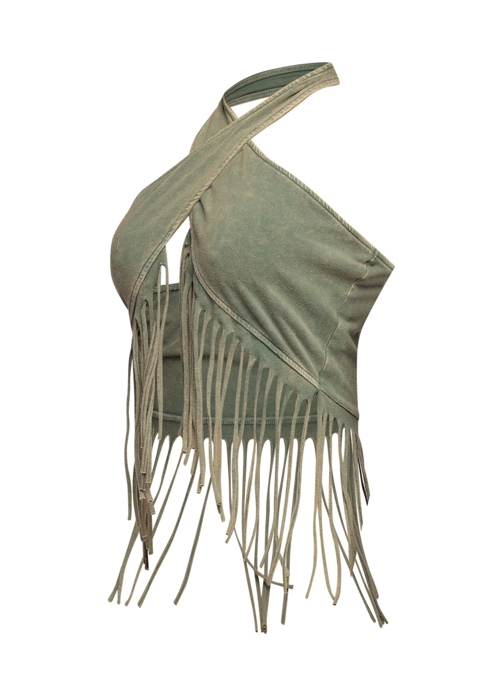 Olive fringe halter crop top, side view on model