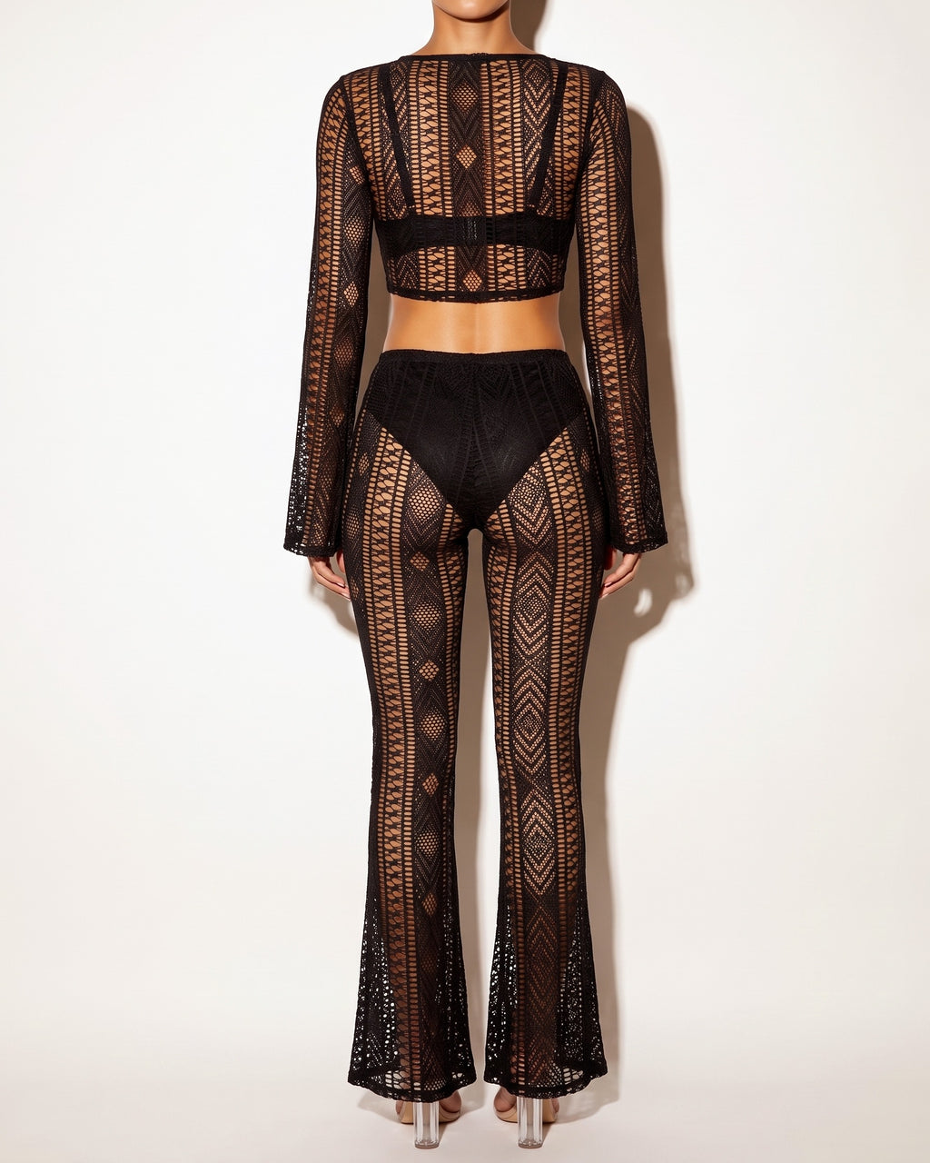 Black geo lace sheer flared pant set, back view on model