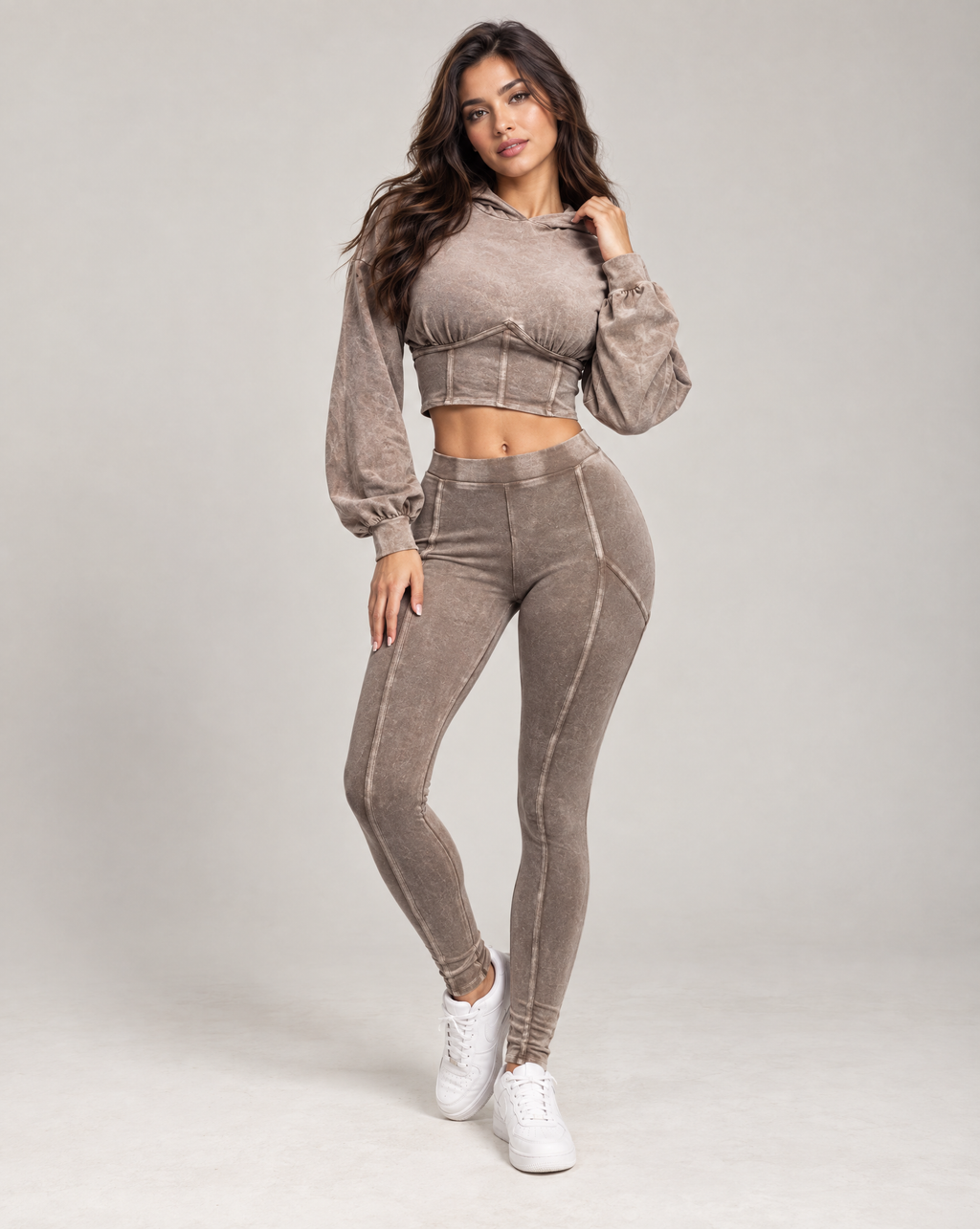Brown mineral-washed hooded top and leggings set, front view on model