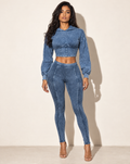 Muvin women's dark denim mineral-washed hooded top and leggings set, front view on model