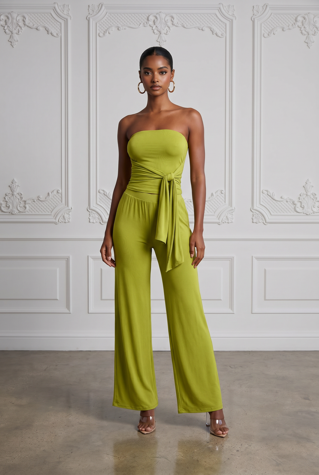 Avocado strapless tie jumpsuit, front view on model