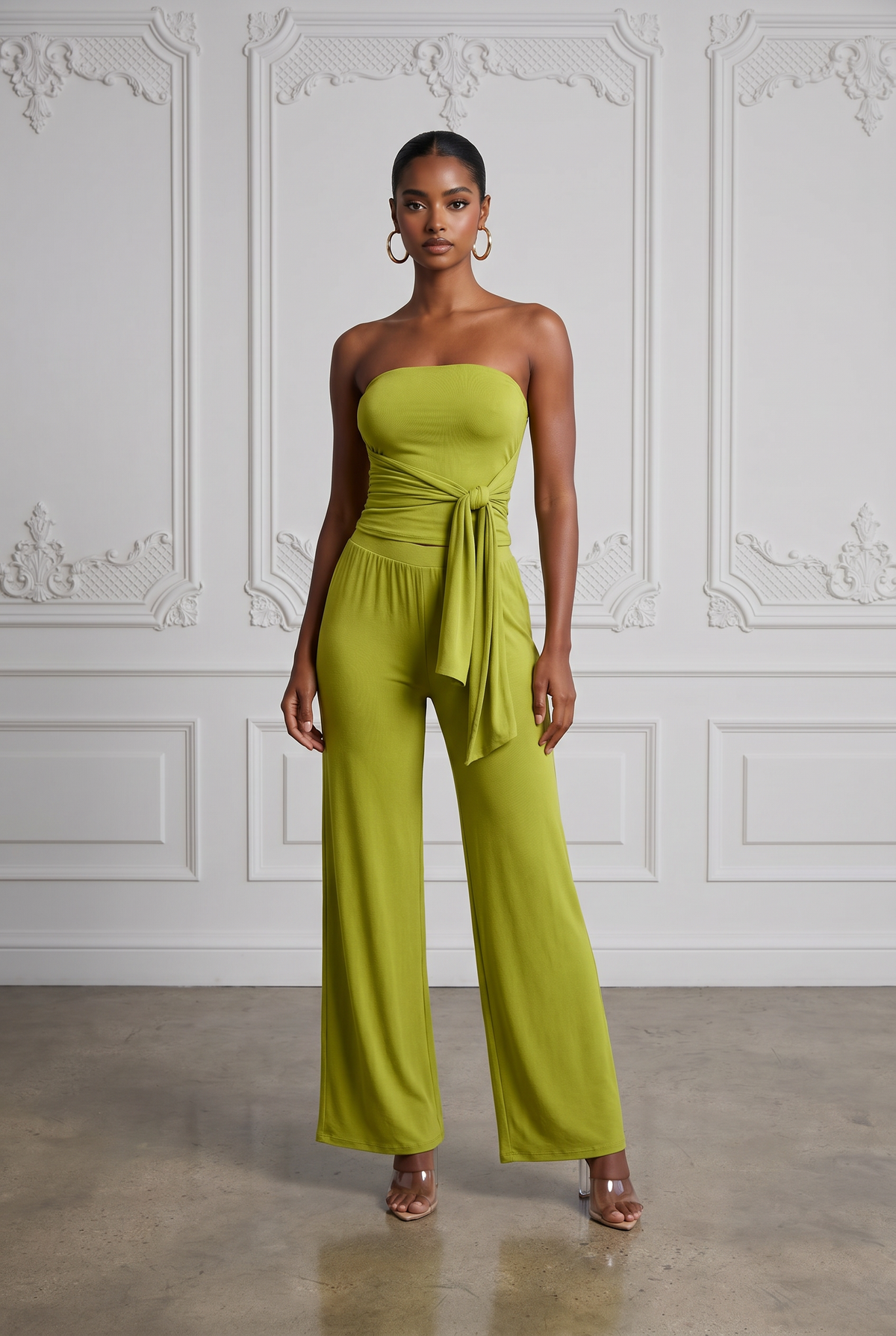 Avocado strapless tie jumpsuit, front view on model
