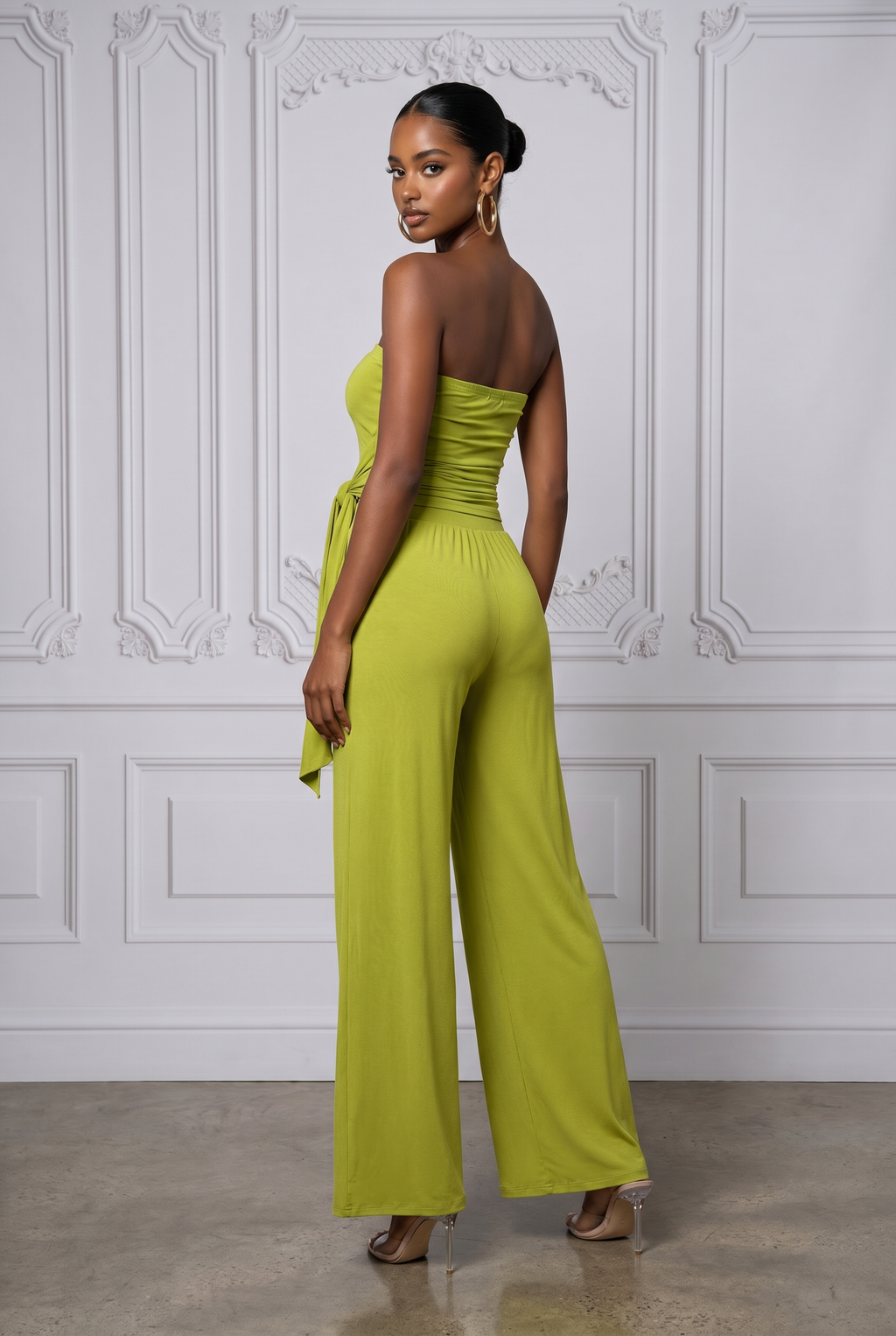 Avocado strapless tie jumpsuit, alternate front view on model