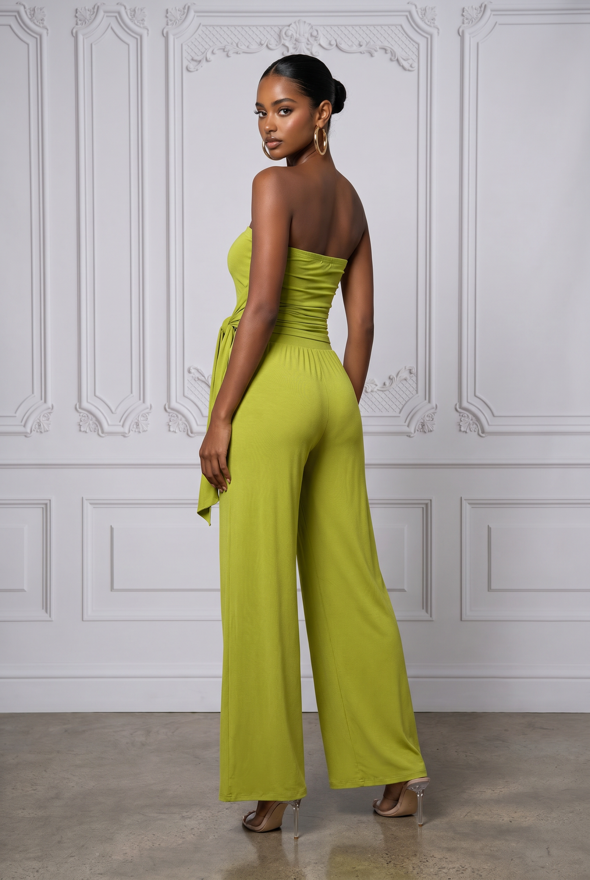 Avocado strapless tie jumpsuit, alternate front view on model