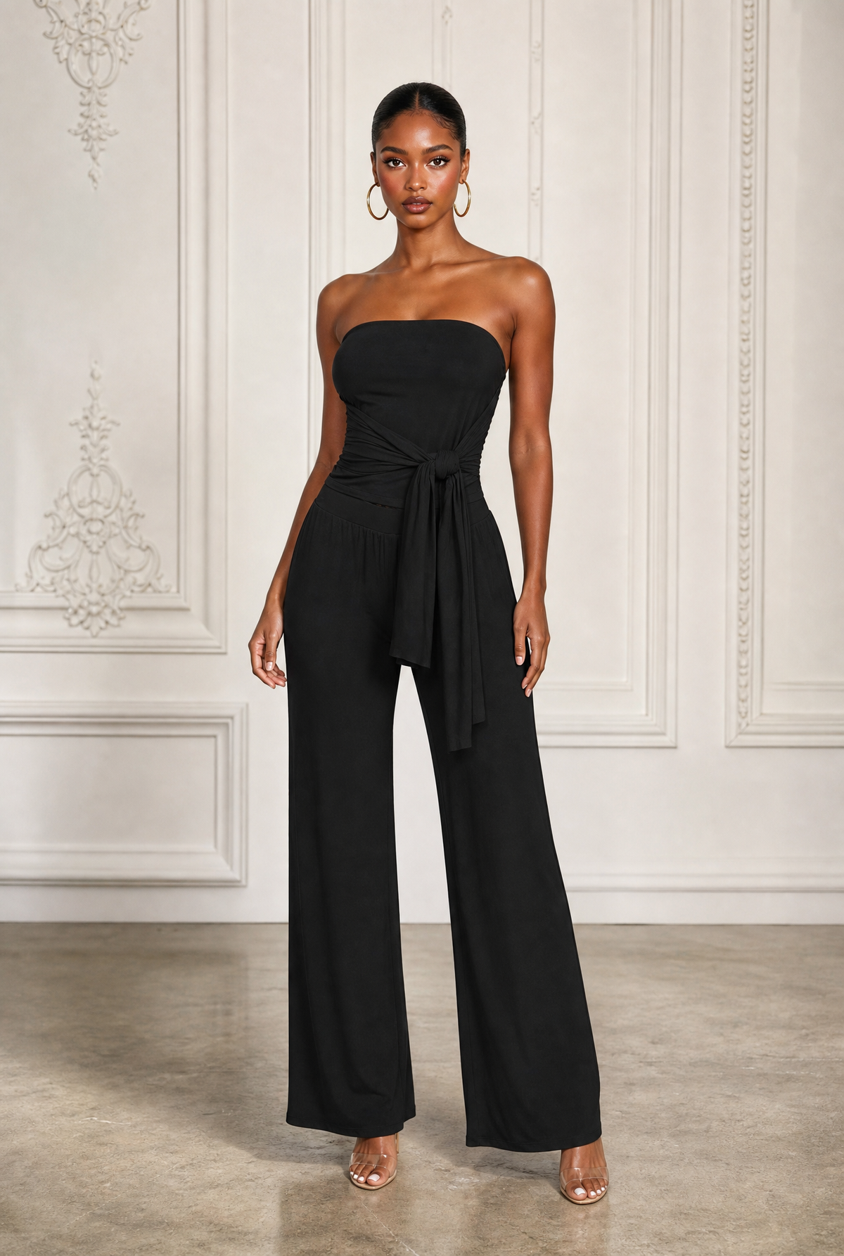 Strapless Tie Jumpsuit in Black – Front view