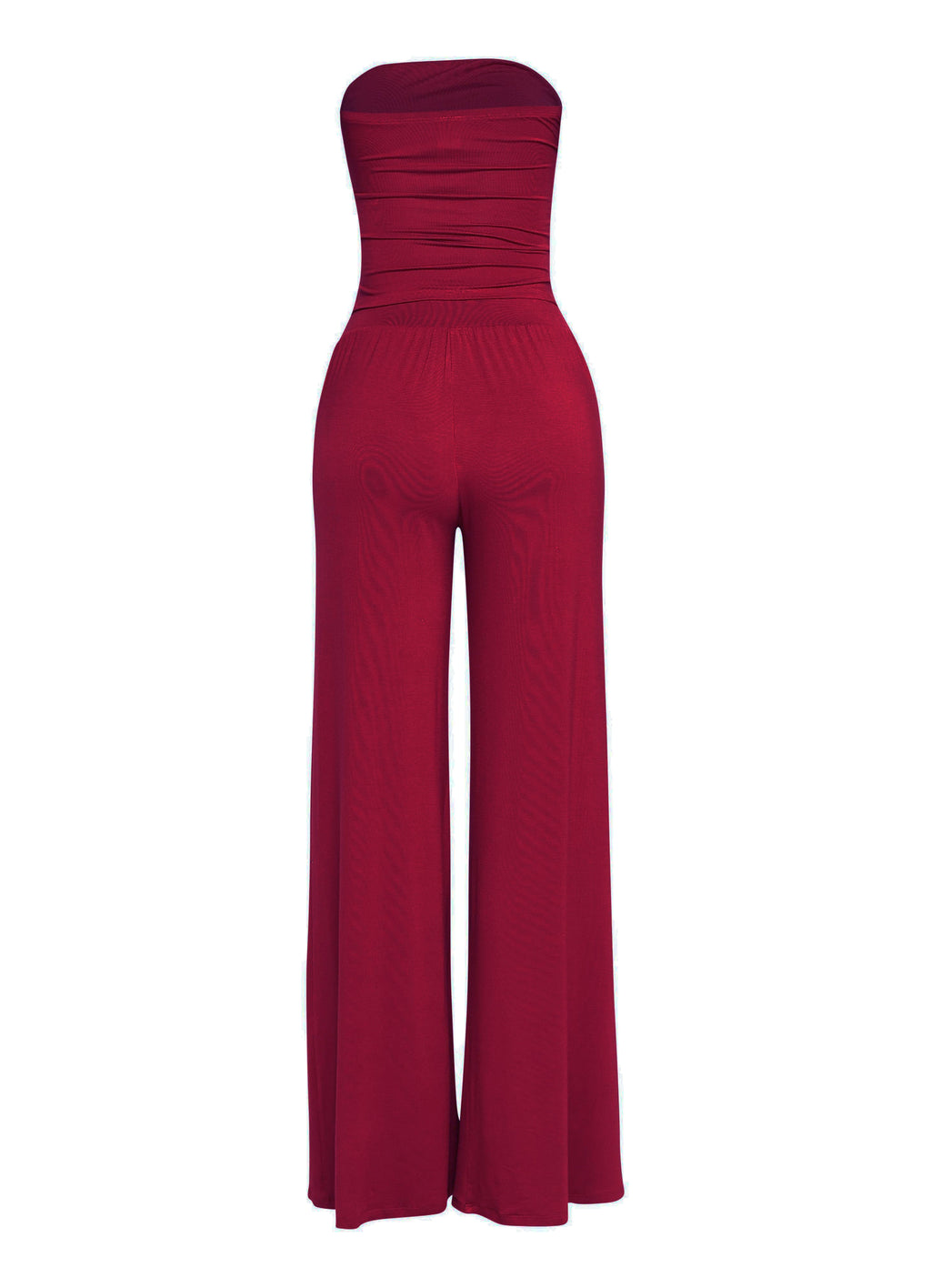 Dark red strapless tie jumpsuit, side view on model