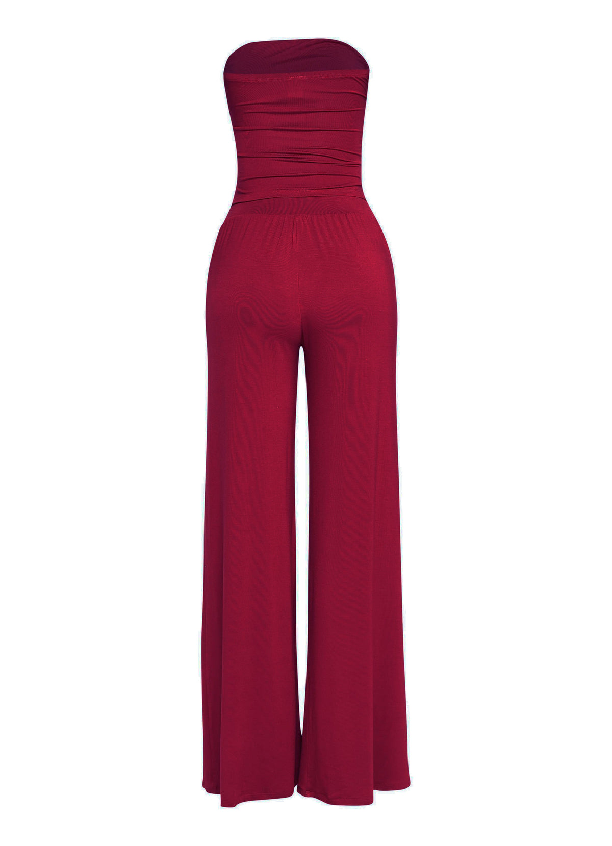 Dark red strapless tie jumpsuit, side view on model