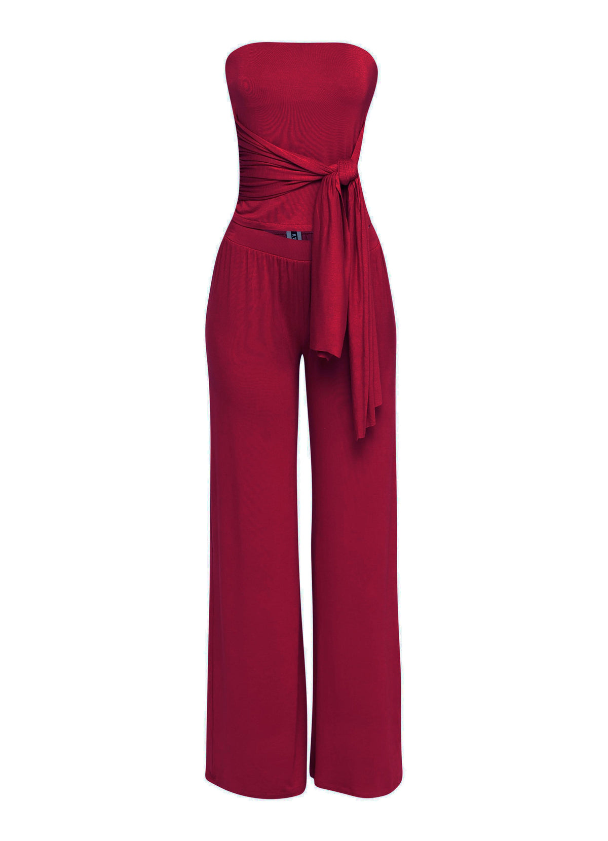 Dark red strapless tie jumpsuit, detail view on model