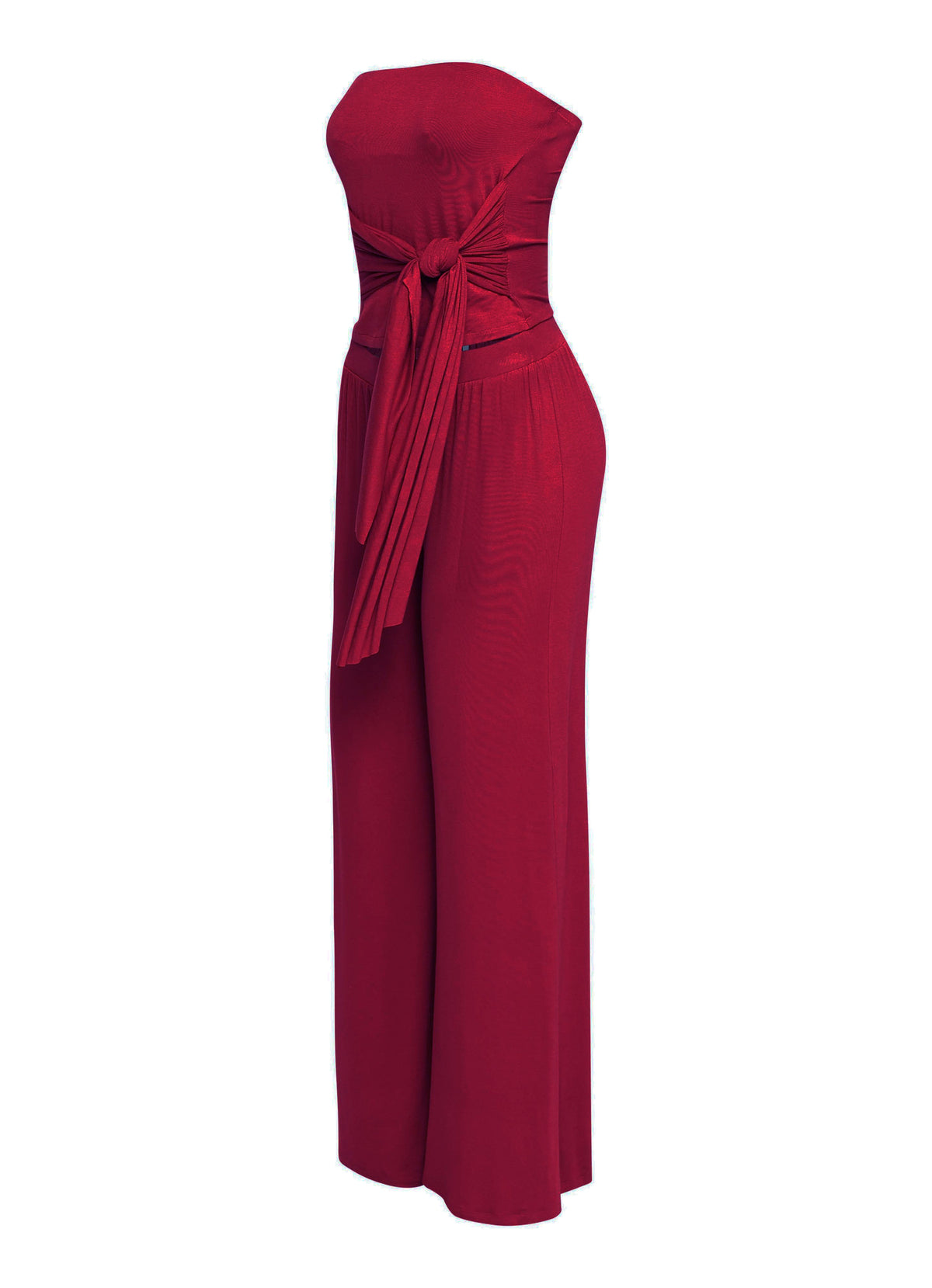Avocado strapless tie jumpsuit, full-length view on model