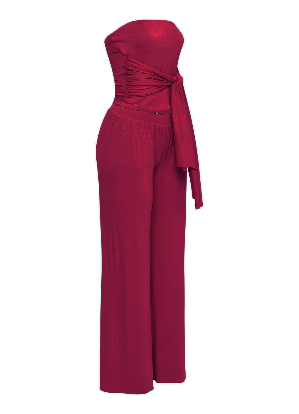 Dark red strapless tie jumpsuit, close-up view on model