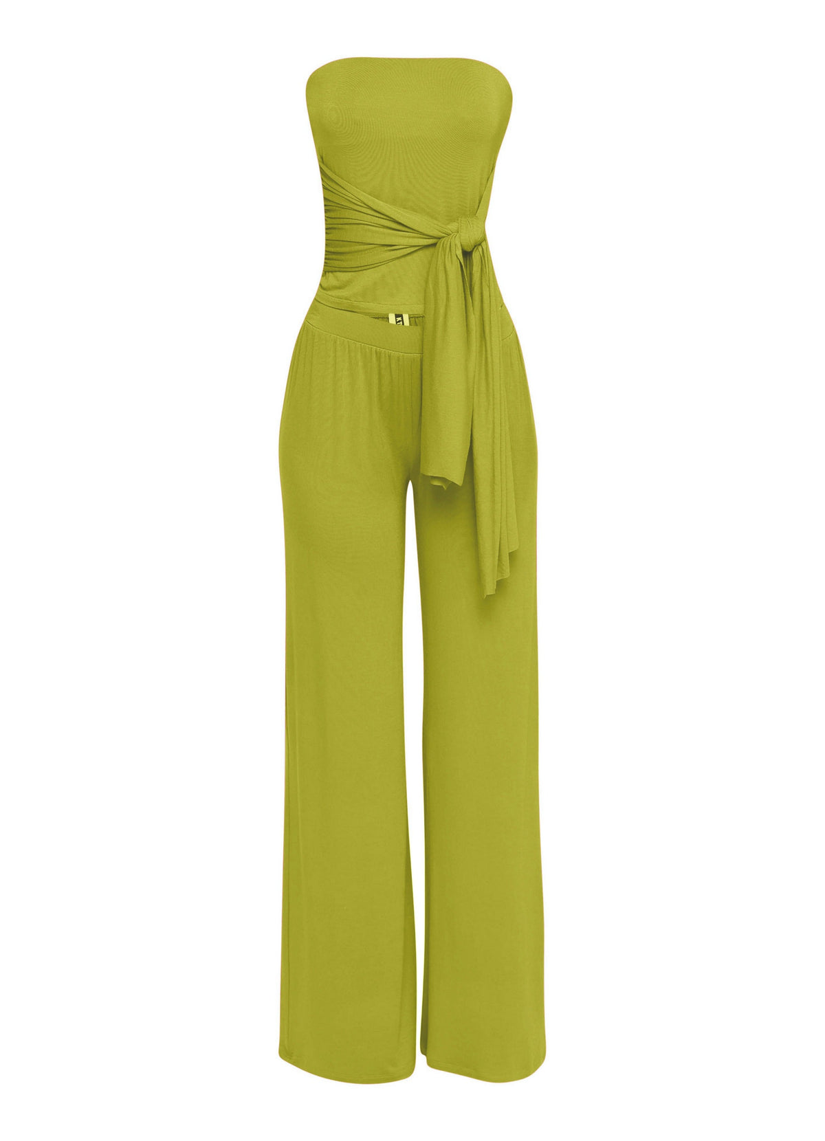Avocado strapless tie jumpsuit, back view on model