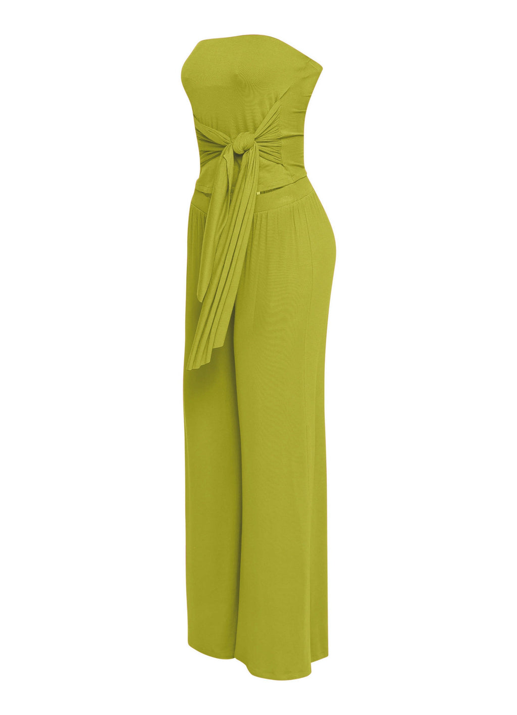 Avocado strapless tie jumpsuit, close-up view on model
