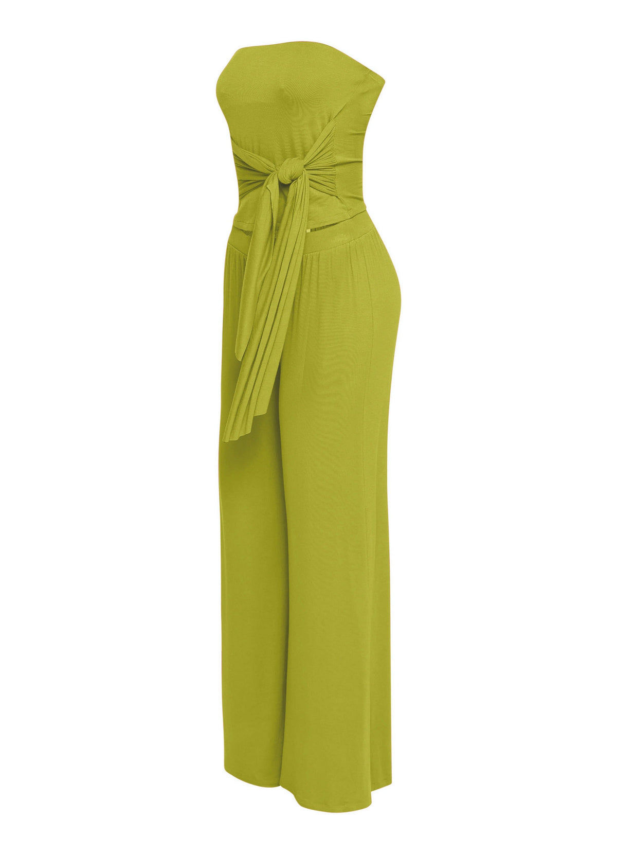 Avocado strapless tie jumpsuit, close-up view on model