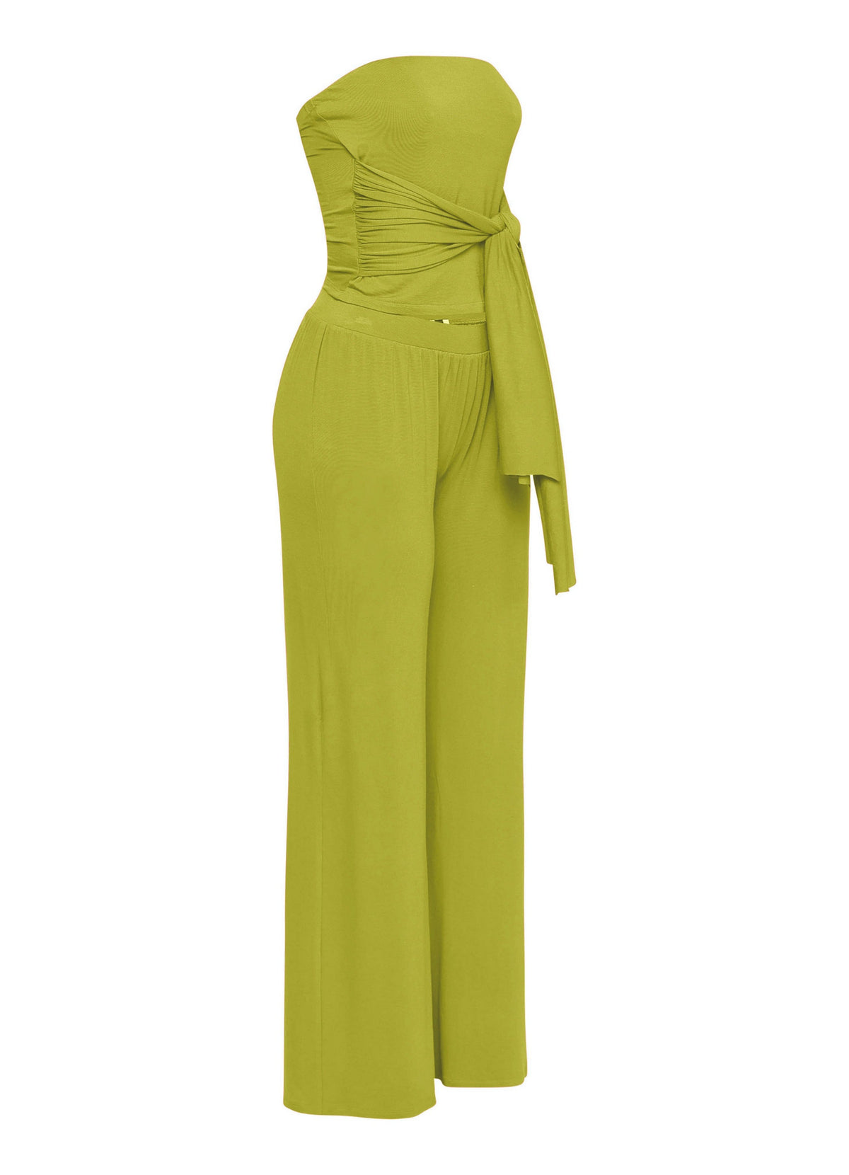 Avocado strapless tie jumpsuit, detail view on model