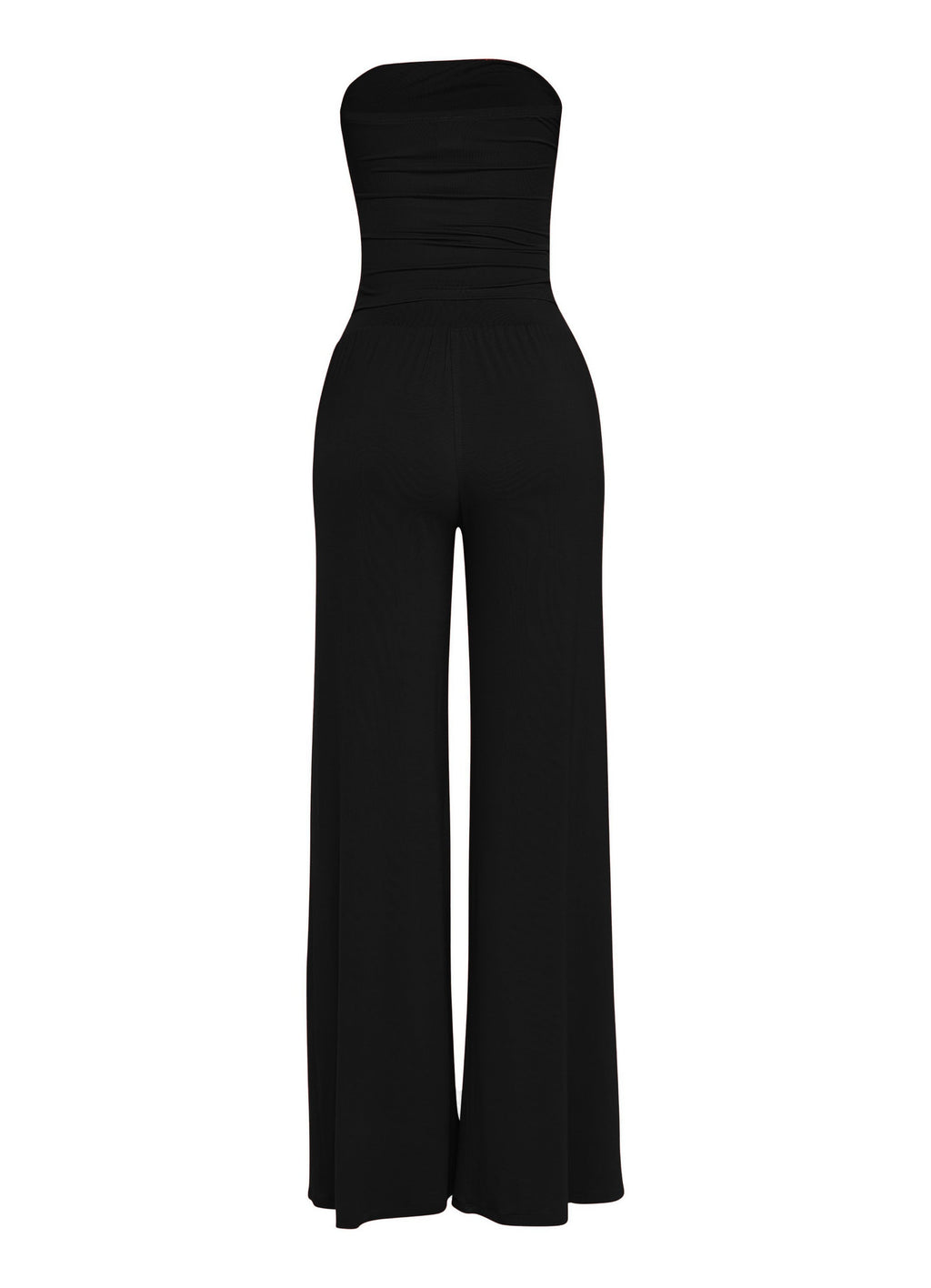 Dark red strapless tie jumpsuit, back view on model
