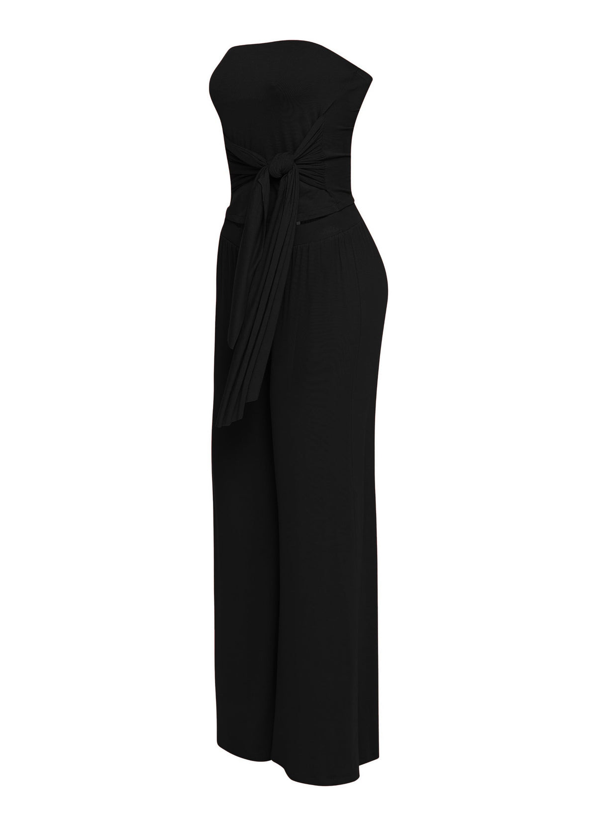 Dark red strapless tie jumpsuit, alternate front view on model