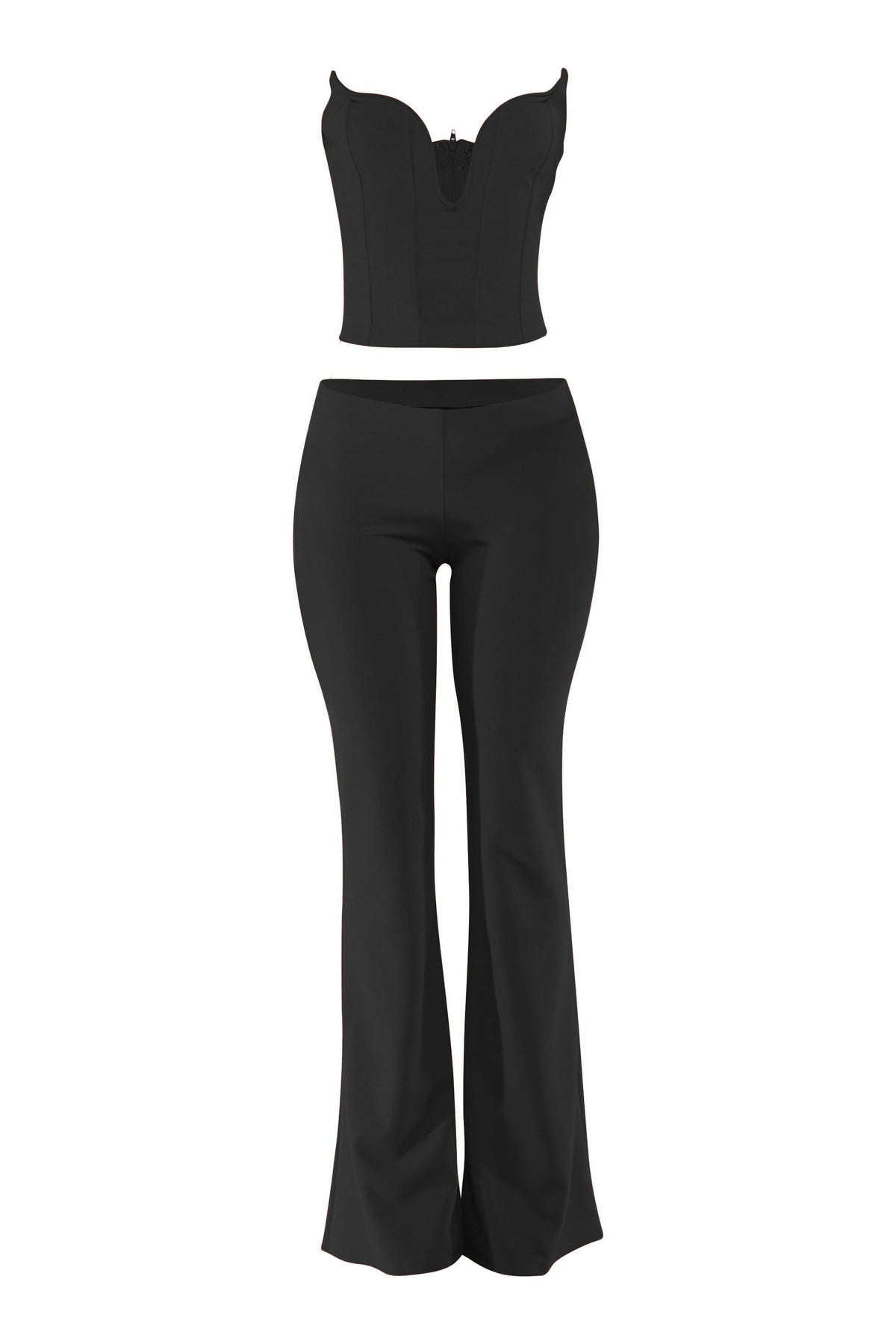 Black corset tube top and flare pant set, detail view on model
