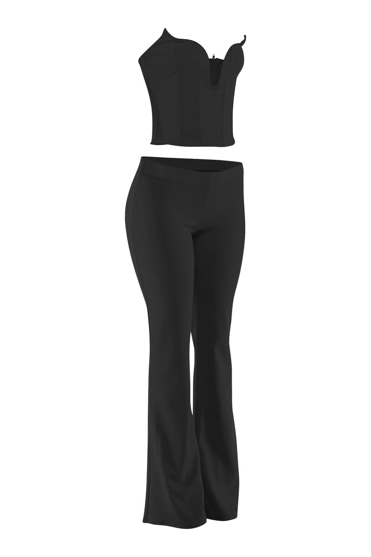 Black corset tube top and flare pant set, side view on model