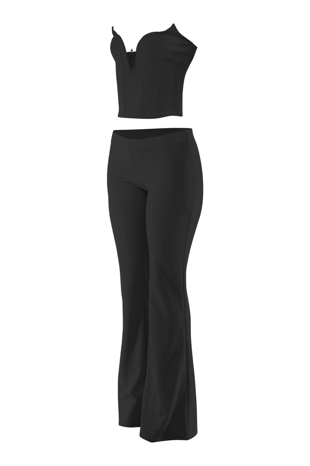 Black corset tube top and flare pant set, close-up view on model