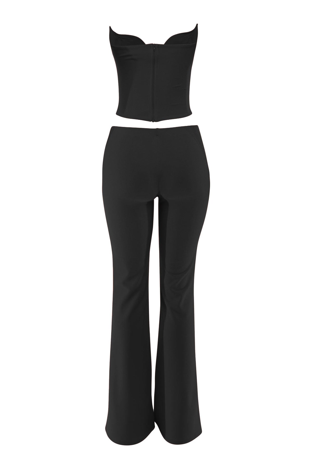 Black corset tube top and flare pant set, full-length view on model