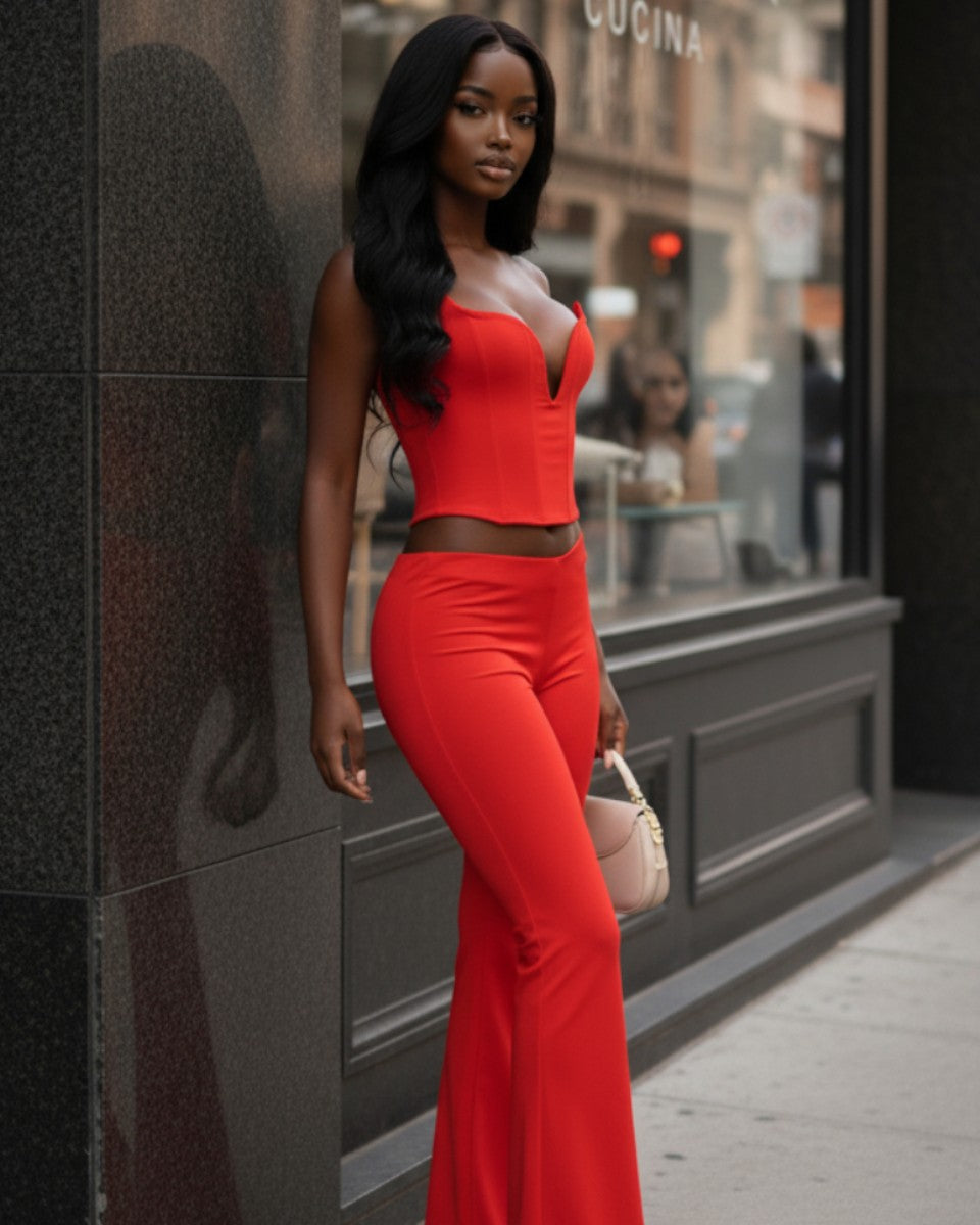 Red corset tube top and flare pant set, styled look on model