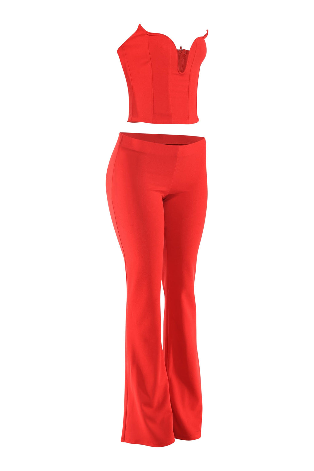 Corset Tube Top & Flare Pant Set in Red – Detail view
