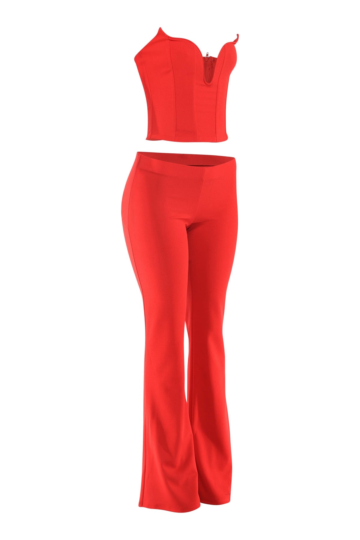 Corset Tube Top & Flare Pant Set in Red – Detail view