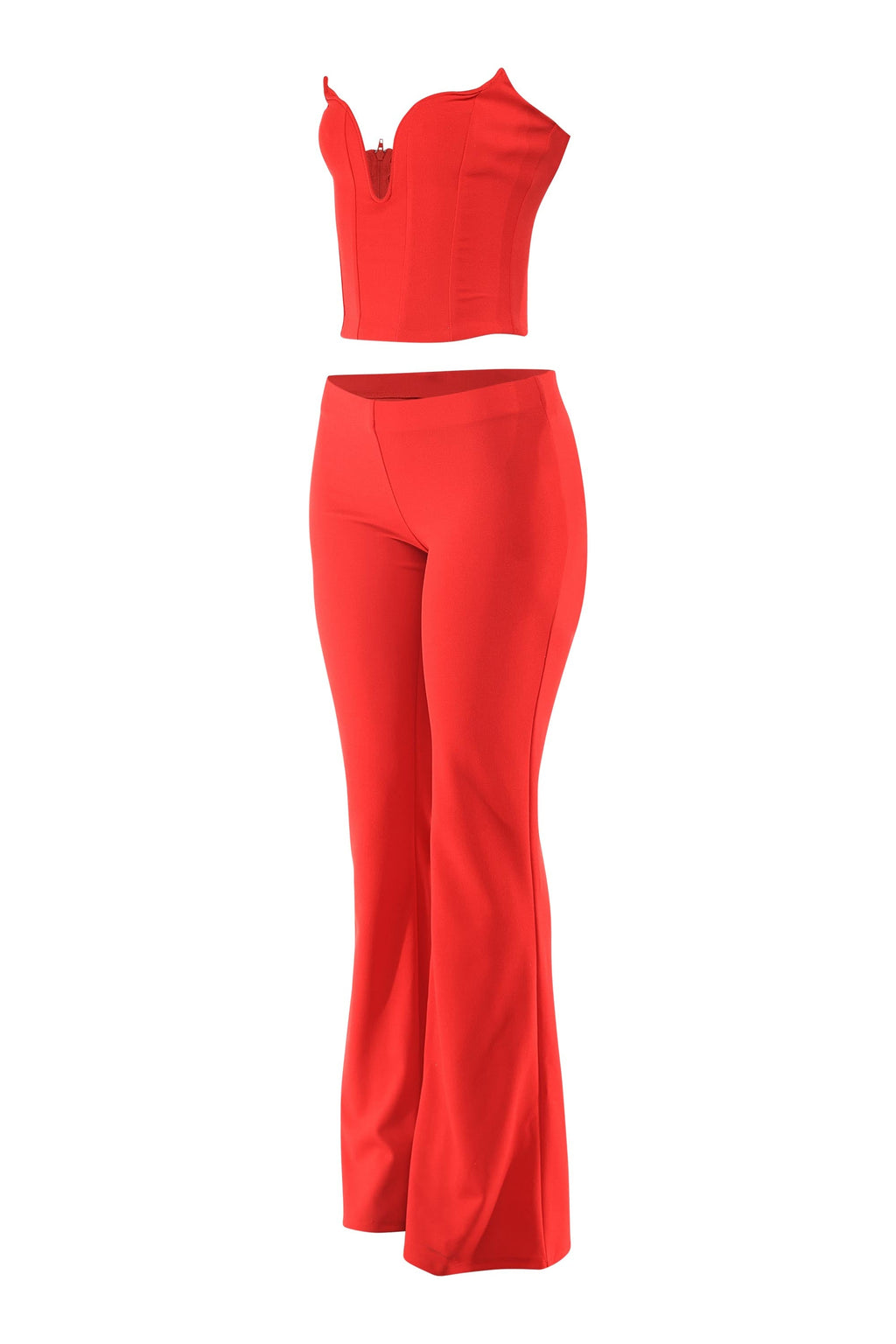 Red corset tube top and flare pant set, alternate front view on model