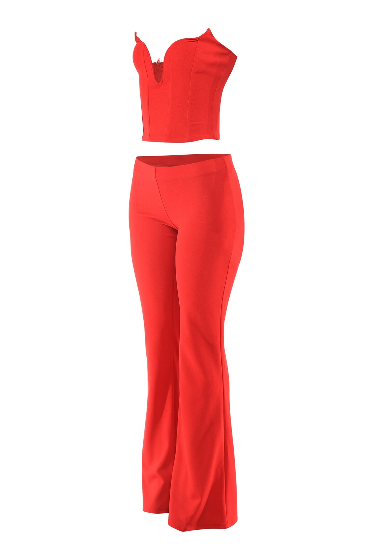 Red corset tube top and flare pant set, alternate front view on model