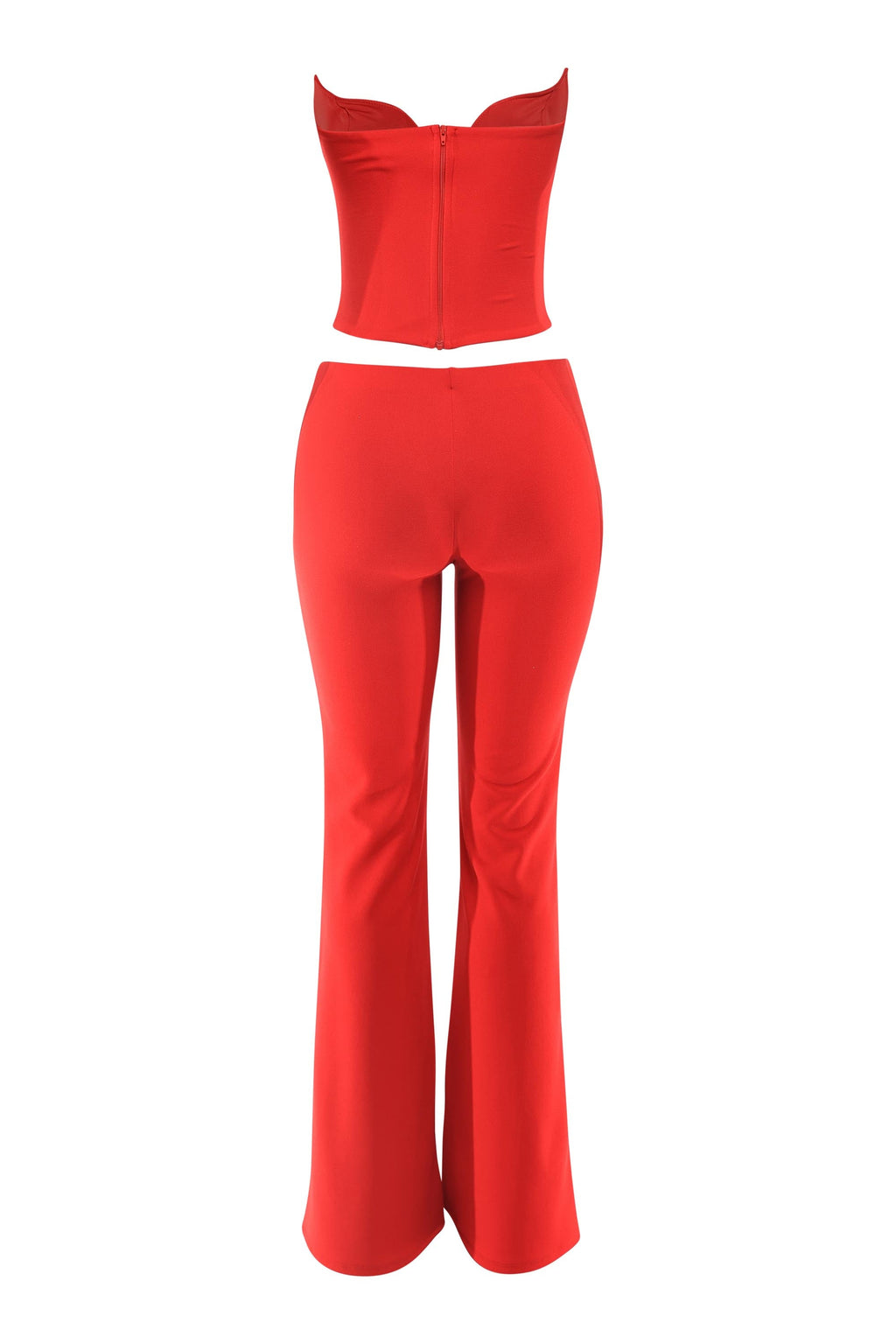 Red corset tube top and flare pant set, back view on model