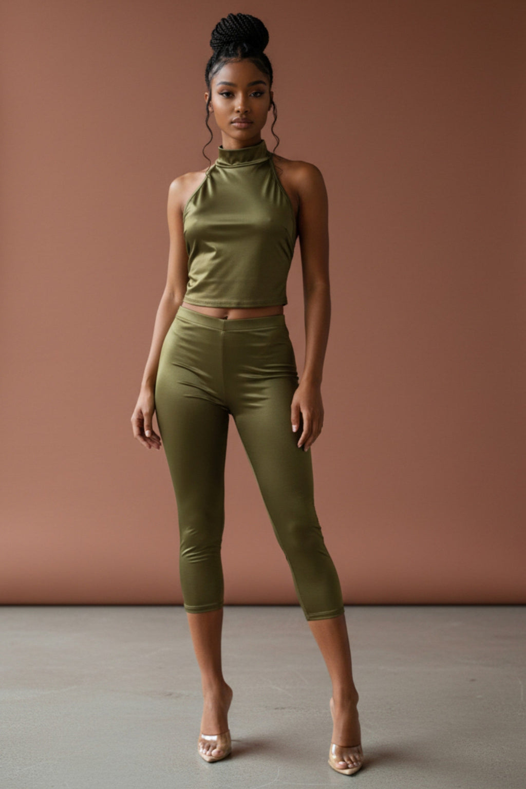 Olive satin tie-back crop top and pant set, detail view on model