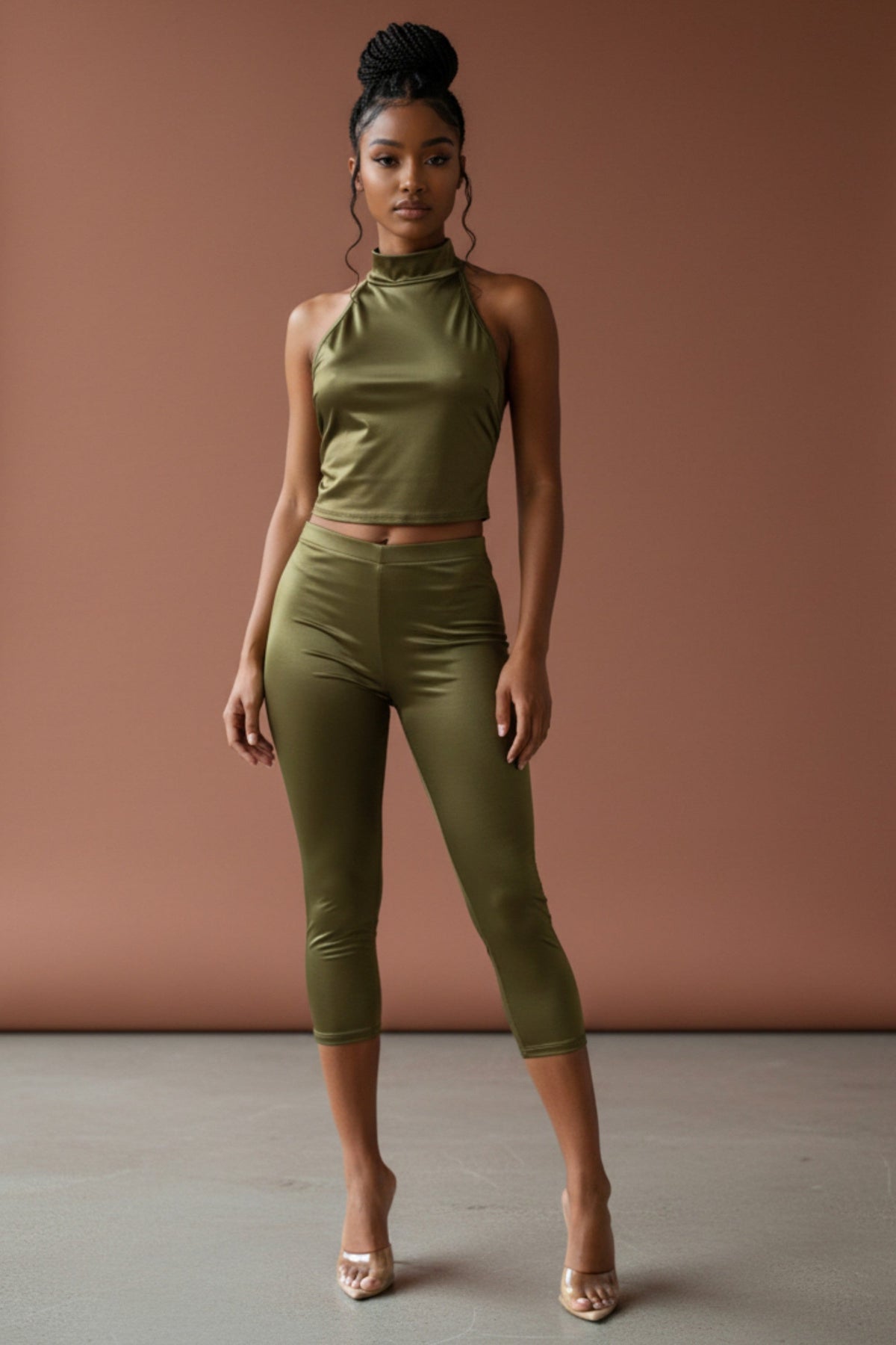 Olive satin tie-back crop top and pant set, detail view on model