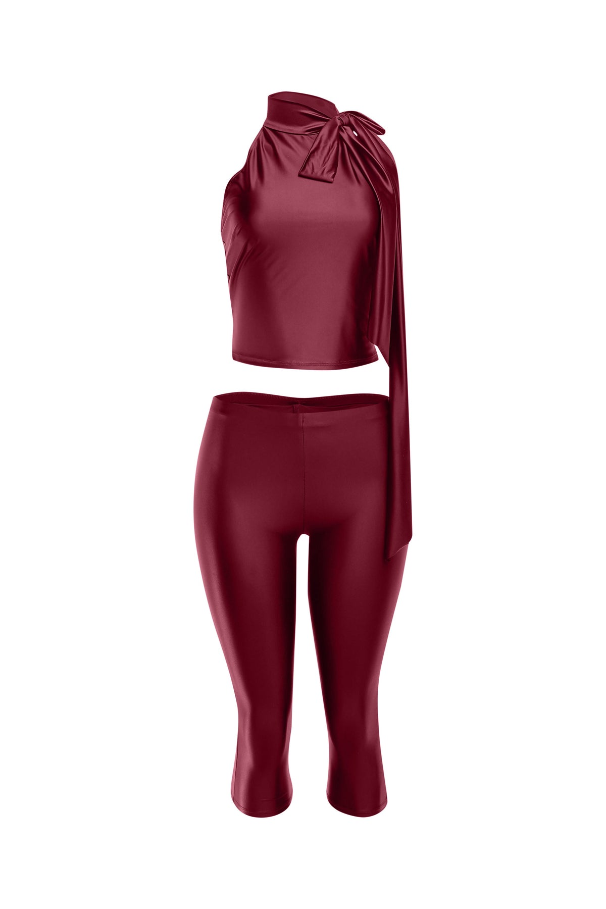 Burgundy satin tie-back crop top and pant set, detail view on model