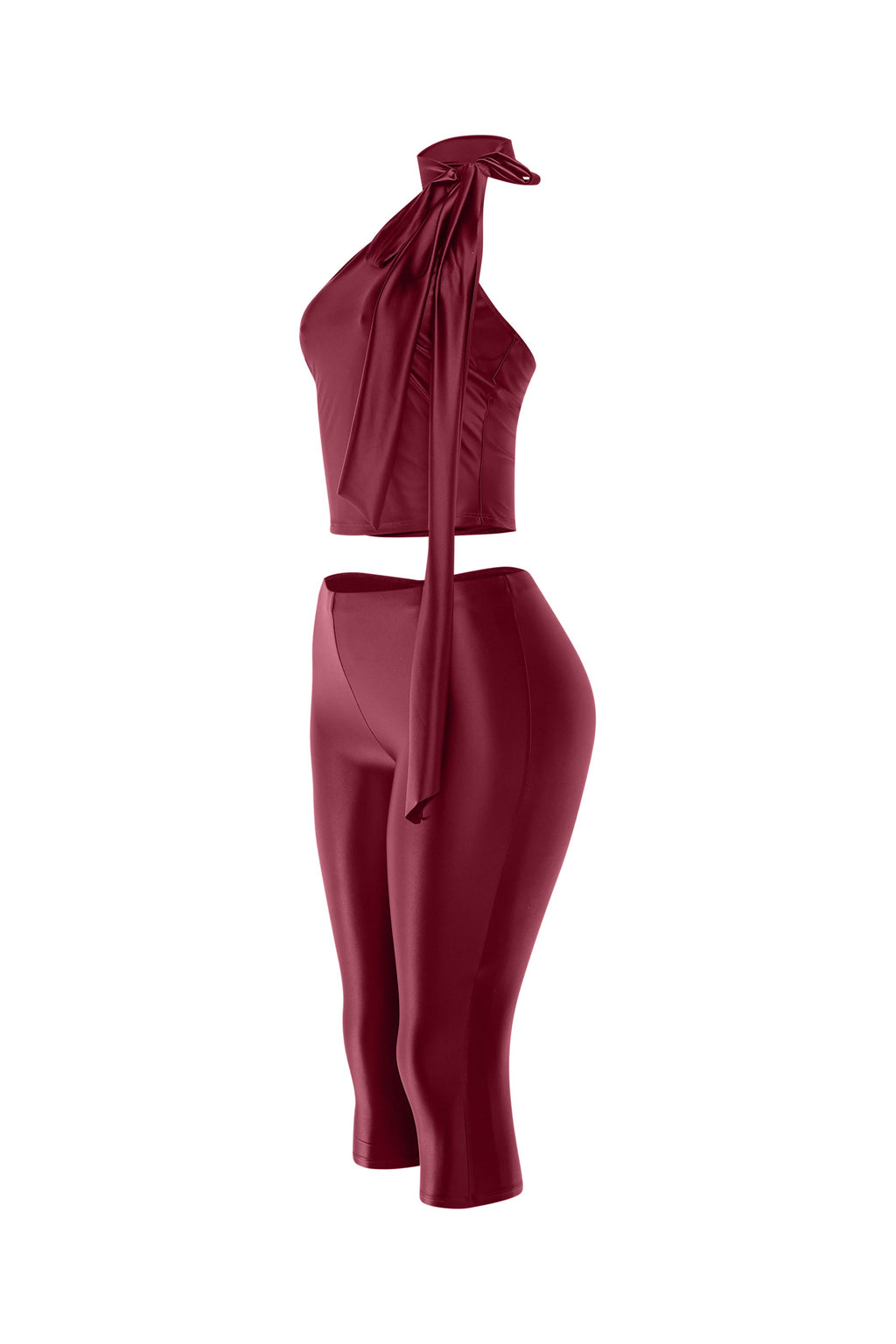Burgundy satin tie-back crop top and pant set, full-length view on model