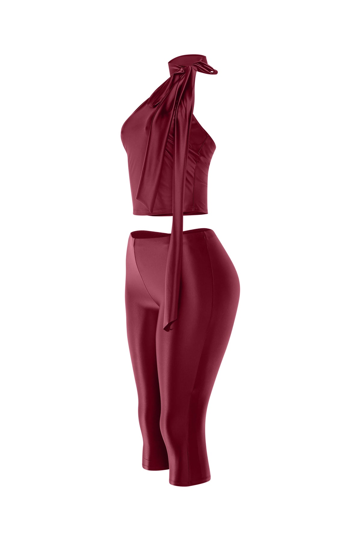 Burgundy satin tie-back crop top and pant set, full-length view on model