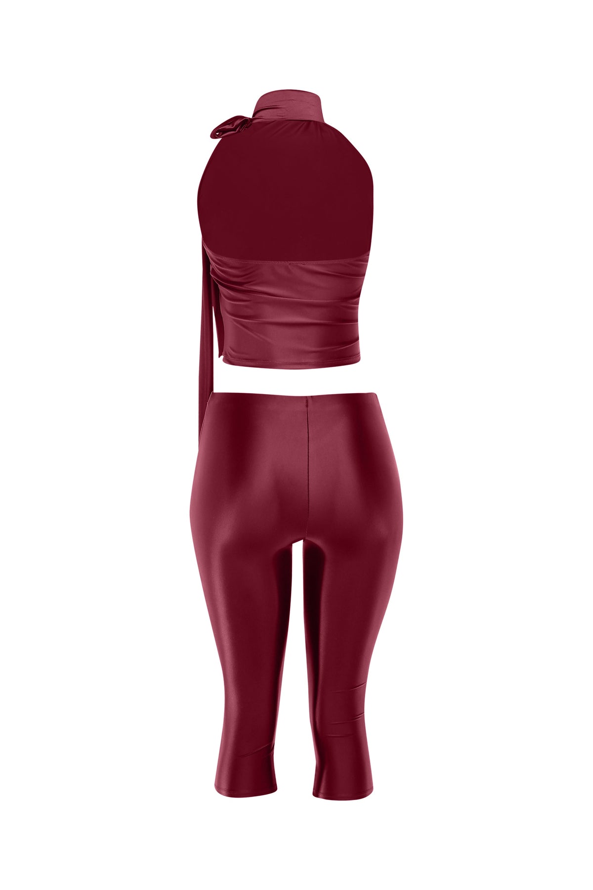 Burgundy satin tie-back crop top and pant set, close-up view on model