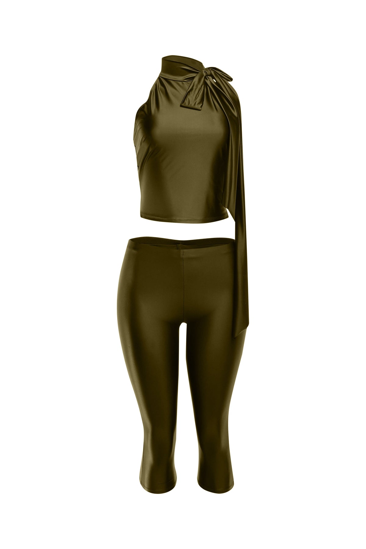Olive satin tie-back crop top and pant set, side view on model