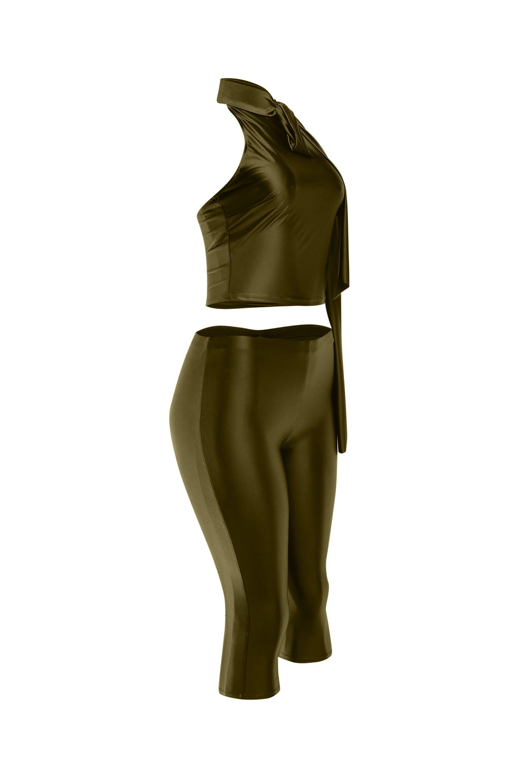 Olive satin tie-back crop top and pant set, close-up view on model