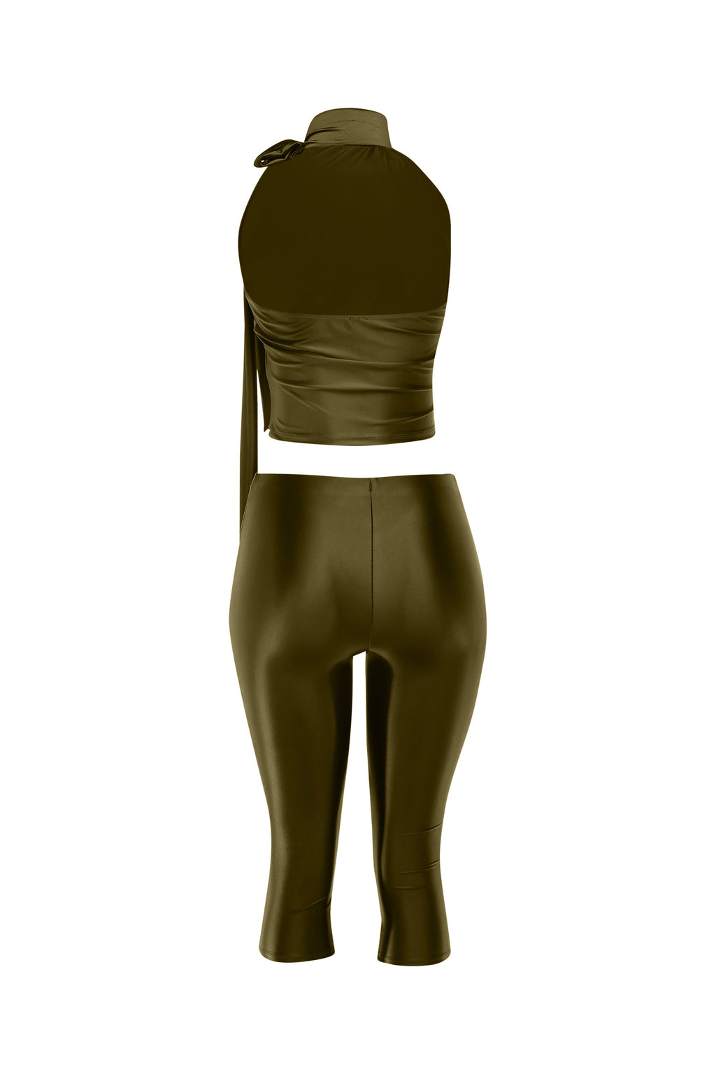 Olive satin tie-back crop top and pant set, full-length view on model