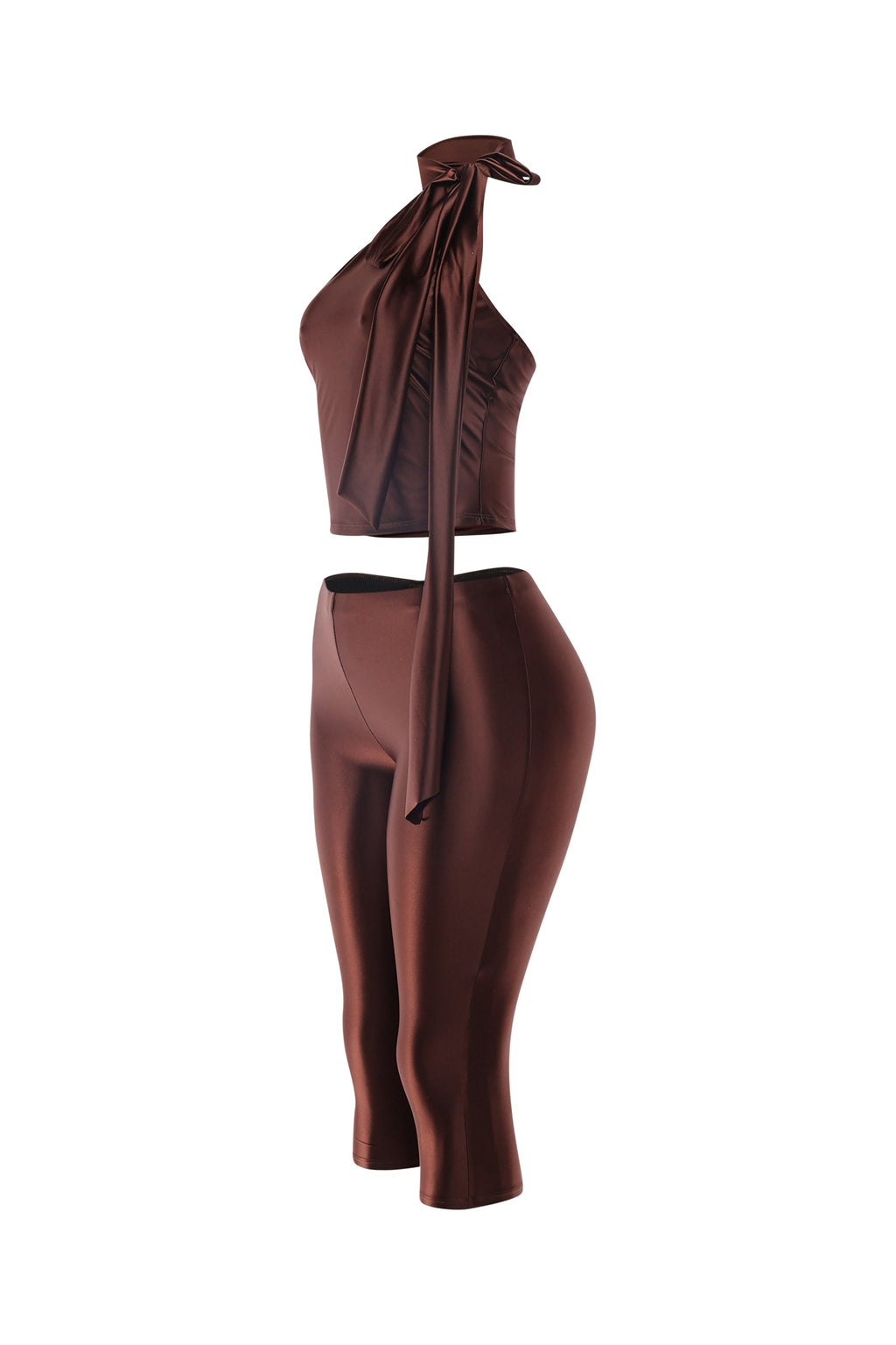 Olive satin tie-back crop top and pant set, back view on model