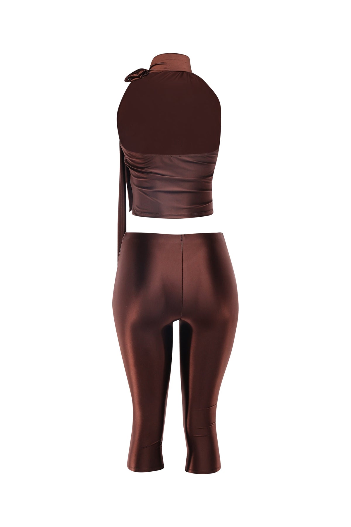 Olive satin tie-back crop top and pant set, alternate front view on model