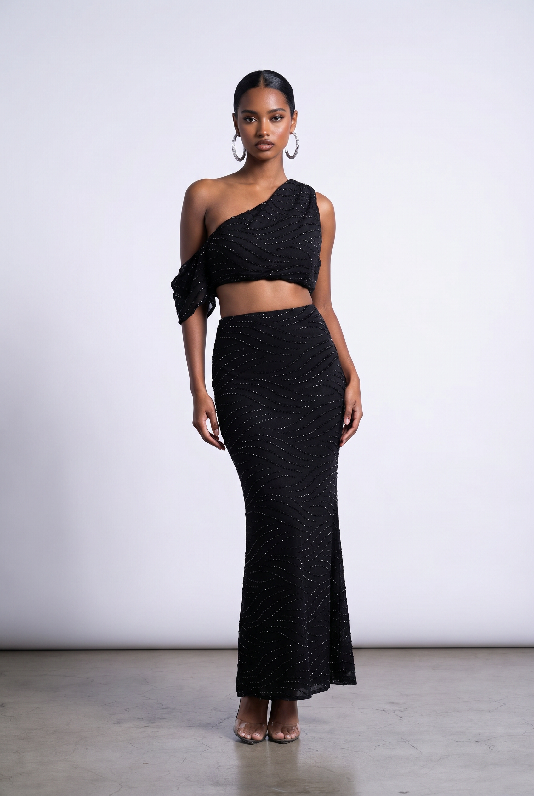 Glitter Off Shoulder Top & Mermaid Maxi Skirt Set in Black Size S – Front View