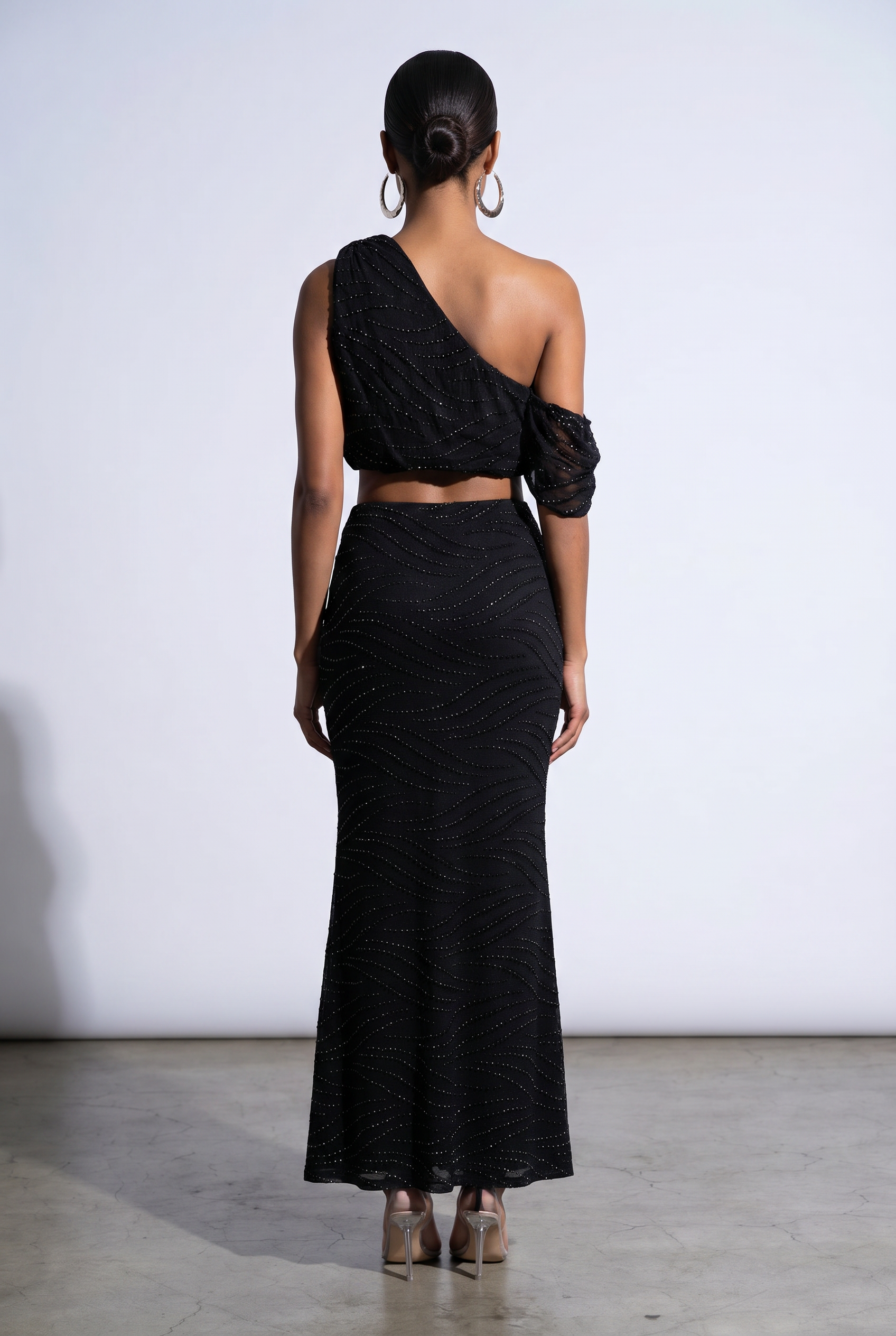 Glitter Off Shoulder Top & Mermaid Maxi Skirt Set in Black Size M – Back View